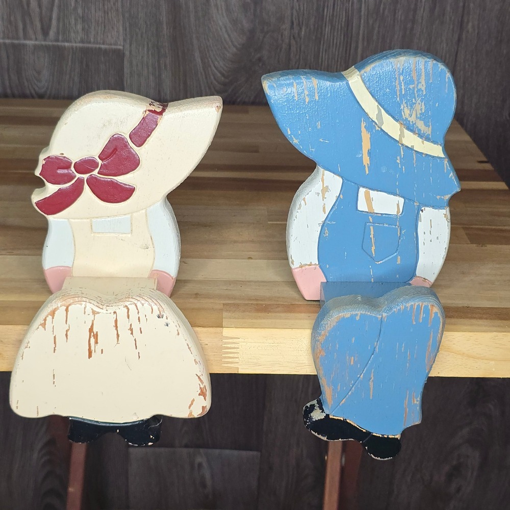 VTG Wooden Country Boy Girl Shelf Sitters Distressed Sunbonnet Amish Folk Art